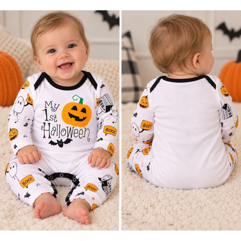 PatPat Baby My 1st Halloween Romper Long Sleeve Pumpkin Ghost White 3-6M NEW